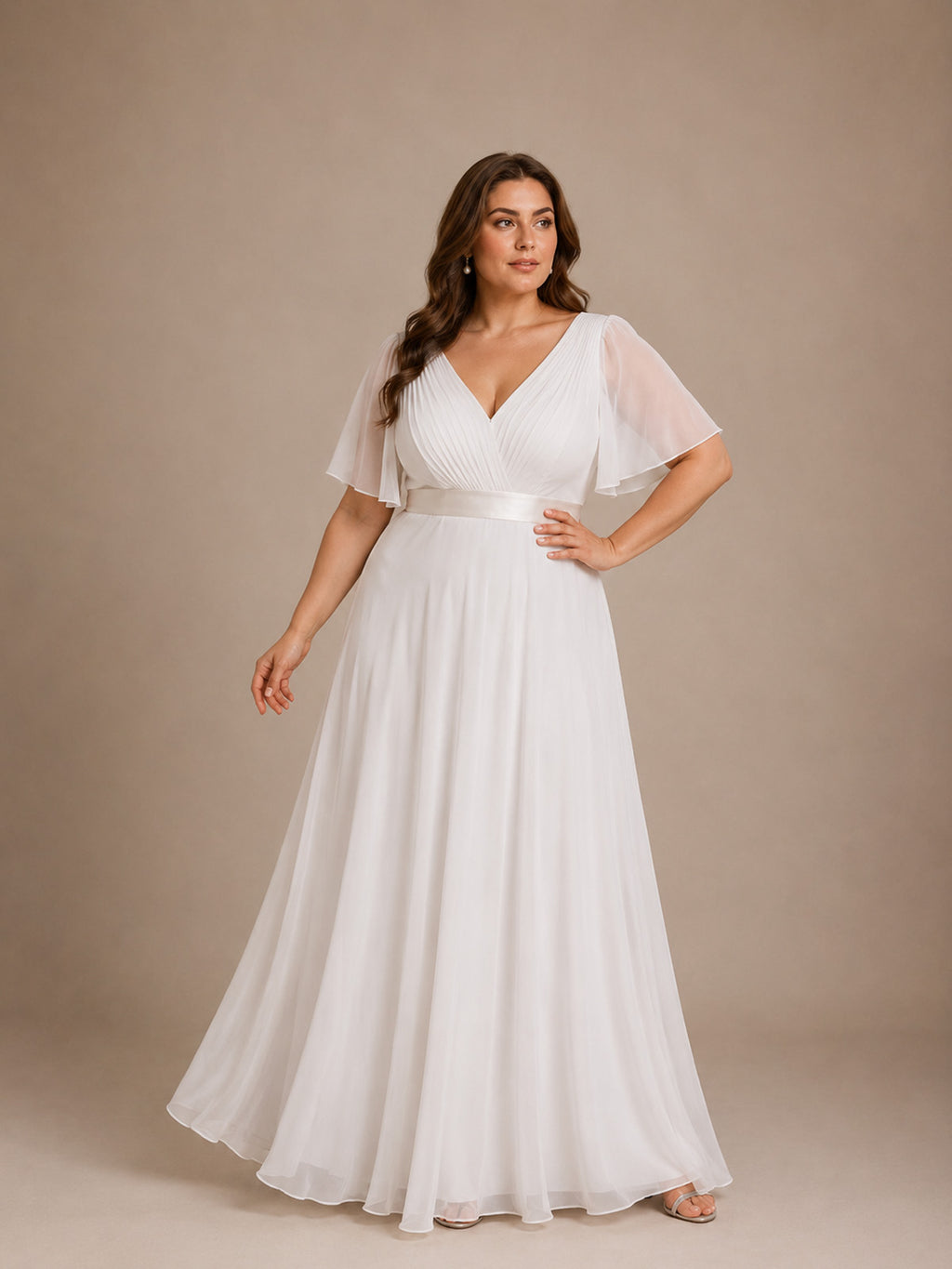 Women’s White Graceful Chiffon V Neck Flutter Short Sleeve A-Line Maxi Dress with Pleated Bodice Detail
