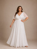 Women’s White Graceful Chiffon V Neck Flutter Short Sleeve A-Line Maxi Dress with Pleated Bodice Detail