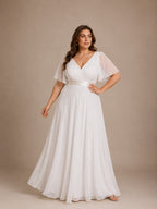 Women’s White Graceful Chiffon V Neck Flutter Short Sleeve A-Line Maxi Dress with Pleated Bodice Detail
