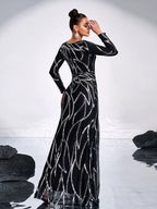 Women’s Black and Bronze Elegant Sequin Mesh Round Neck Long Sleeve Column Maxi Dress with Geometric Pattern