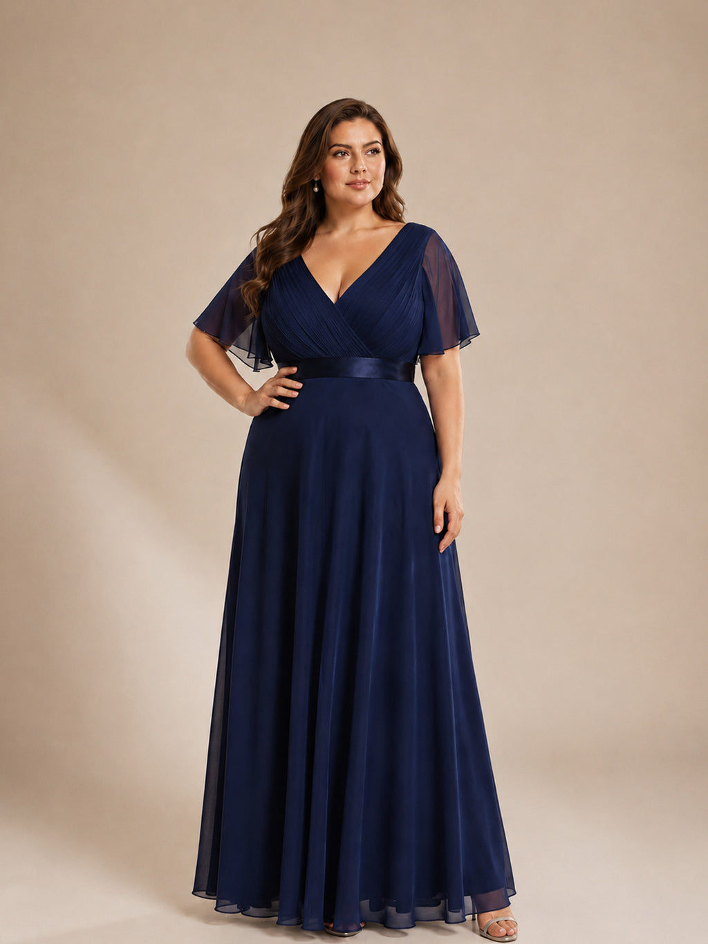 Women’s White Graceful Chiffon V Neck Flutter Short Sleeve A-Line Maxi Dress with Pleated Bodice Detail