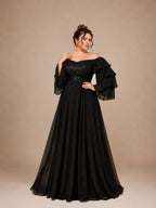 Women’s Black Glamorous Chiffon Off Shoulder Layered Long Sleeve A-Line Maxi Dress with Sequin Bodice Detail