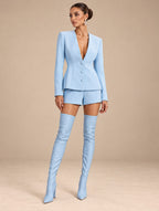 Women's Tailored Deep V-Neck Long Sleeve Blazer and Wide-Leg Pants Set with Three-Button Detail