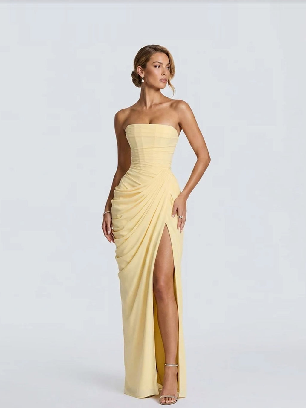 Women’s Pale Yellow Glamorous Strapless Sleeveless Slim Fit Maxi Dress with Ruched High Slit Detail