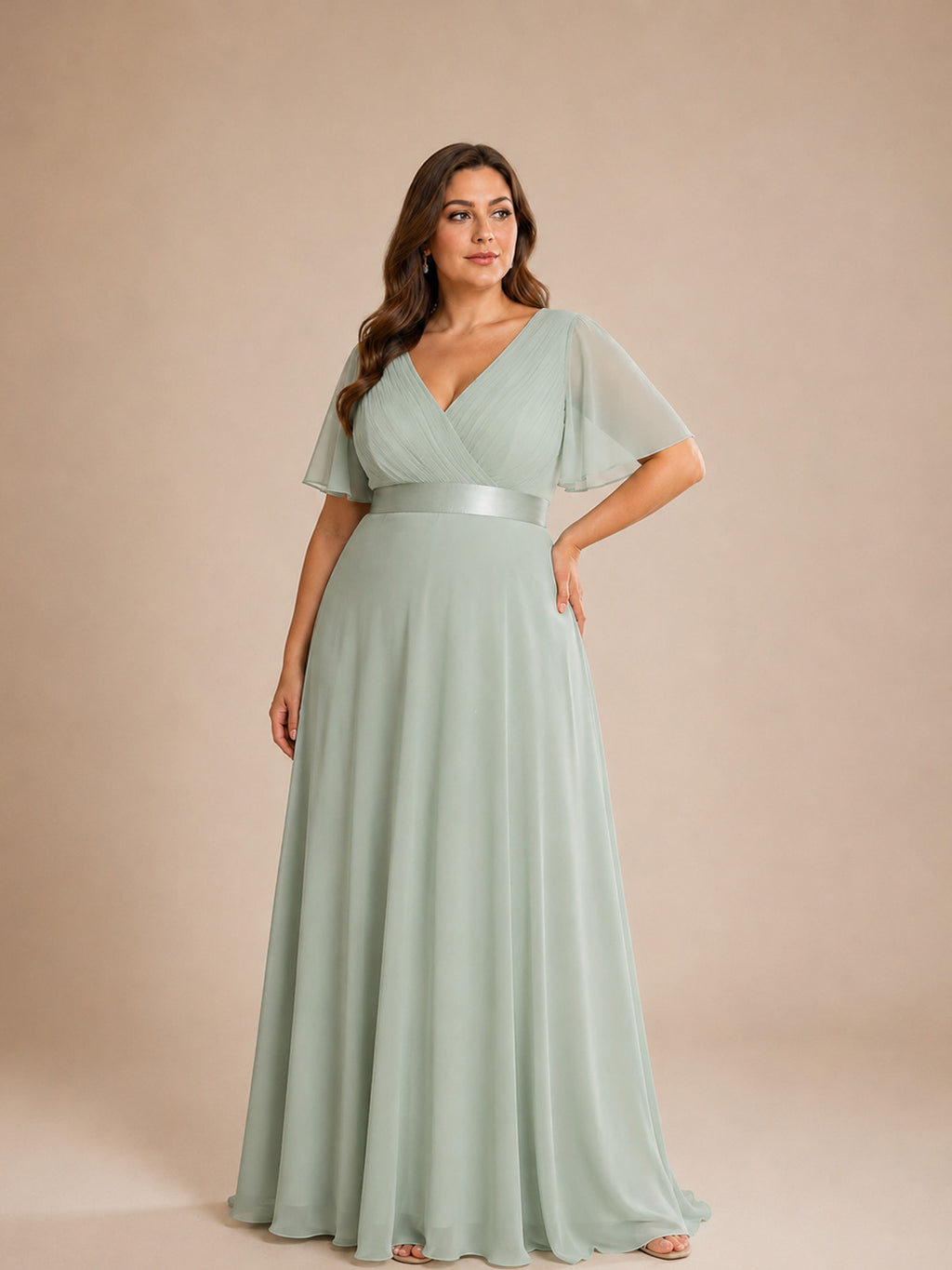 Women’s White Graceful Chiffon V Neck Flutter Short Sleeve A-Line Maxi Dress with Pleated Bodice Detail