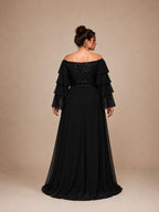 Women’s Black Glamorous Chiffon Off Shoulder Layered Long Sleeve A-Line Maxi Dress with Sequin Bodice Detail