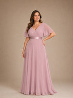 Women’s White Graceful Chiffon V Neck Flutter Short Sleeve A-Line Maxi Dress with Pleated Bodice Detail