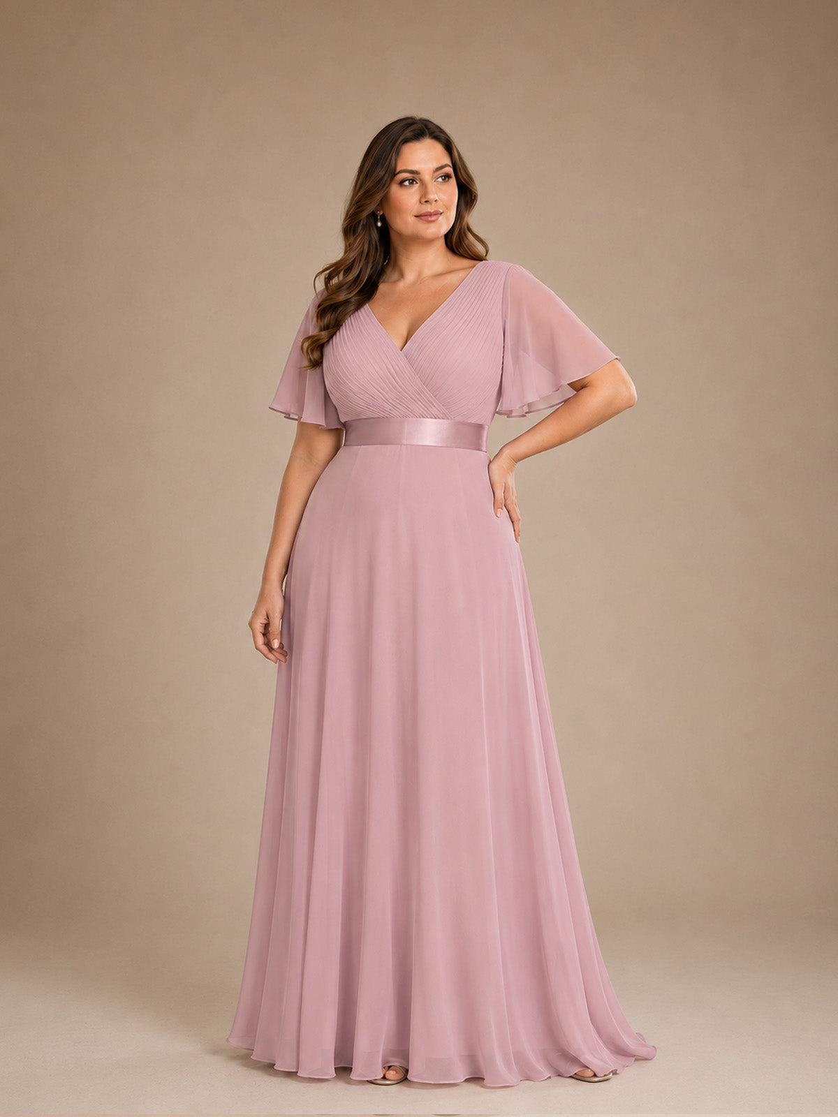Women’s White Graceful Chiffon V Neck Flutter Short Sleeve A-Line Maxi Dress with Pleated Bodice Detail