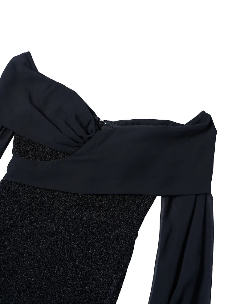 Women’s Black Elegant Sequin Off Shoulder Long Sleeve Mermaid Maxi Dress with Ruched Bodice Detail