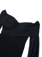 Women’s Black Elegant Sequin Off Shoulder Long Sleeve Mermaid Maxi Dress with Ruched Bodice Detail