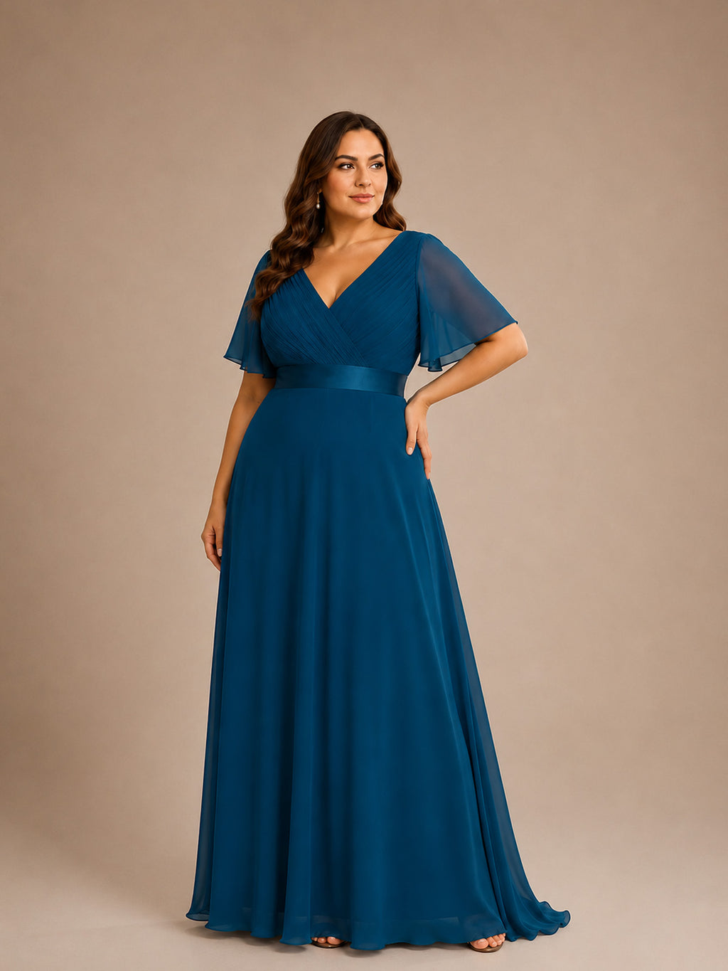 Women’s White Graceful Chiffon V Neck Flutter Short Sleeve A-Line Maxi Dress with Pleated Bodice Detail