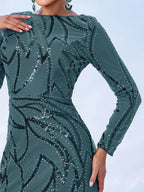 Women’s Black and Bronze Elegant Sequin Mesh Round Neck Long Sleeve Column Maxi Dress with Geometric Pattern