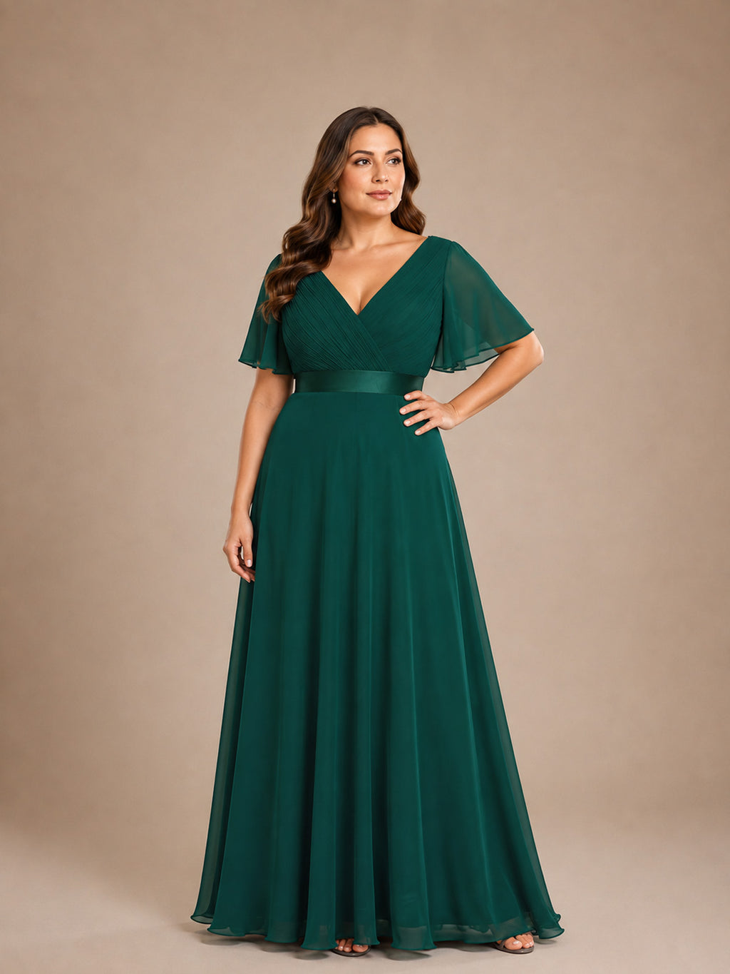 Women’s White Graceful Chiffon V Neck Flutter Short Sleeve A-Line Maxi Dress with Pleated Bodice Detail