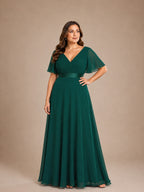 Women’s White Graceful Chiffon V Neck Flutter Short Sleeve A-Line Maxi Dress with Pleated Bodice Detail
