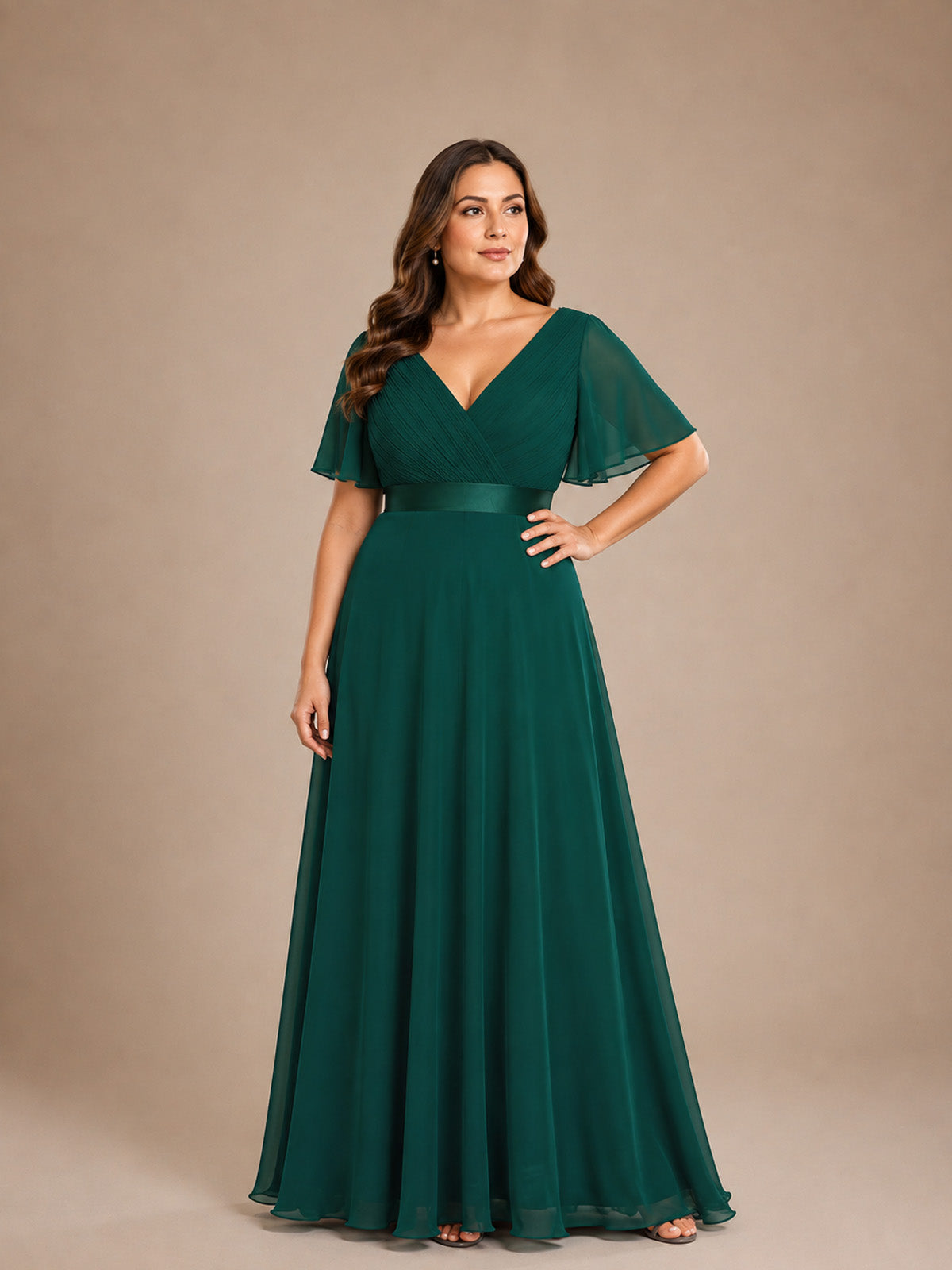 Women’s White Graceful Chiffon V Neck Flutter Short Sleeve A-Line Maxi Dress with Pleated Bodice Detail
