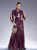 Women’s Multicolor Elegant Sequin Mesh Stand Collar Split Long Sleeve A-Line Maxi Dress with Contrast Trim