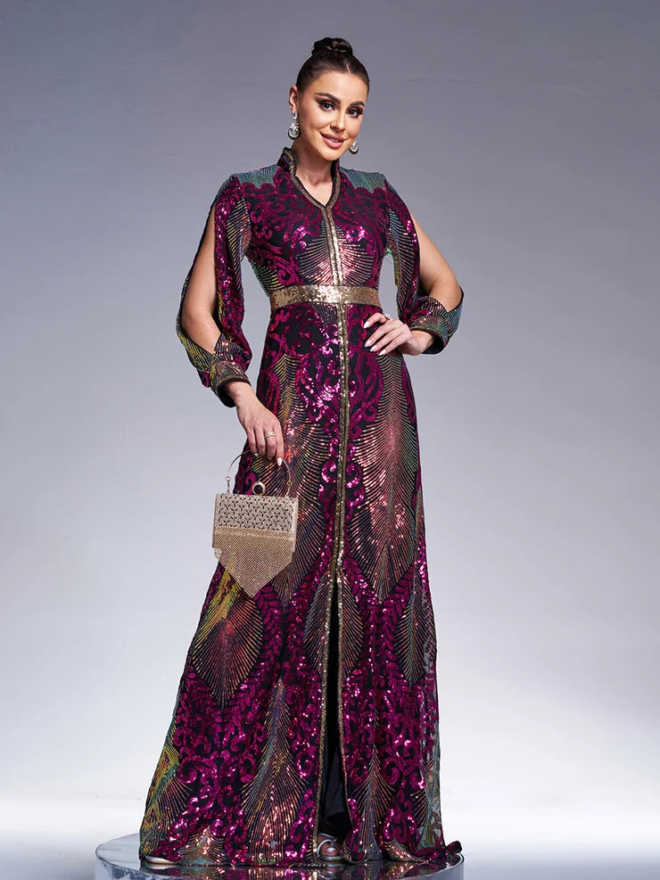 Women’s Multicolor Elegant Sequin Mesh Stand Collar Split Long Sleeve A-Line Maxi Dress with Contrast Trim
