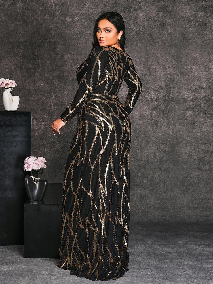 Women’s Black and Bronze Elegant Sequin Mesh Round Neck Long Sleeve Column Maxi Dress with Geometric Pattern