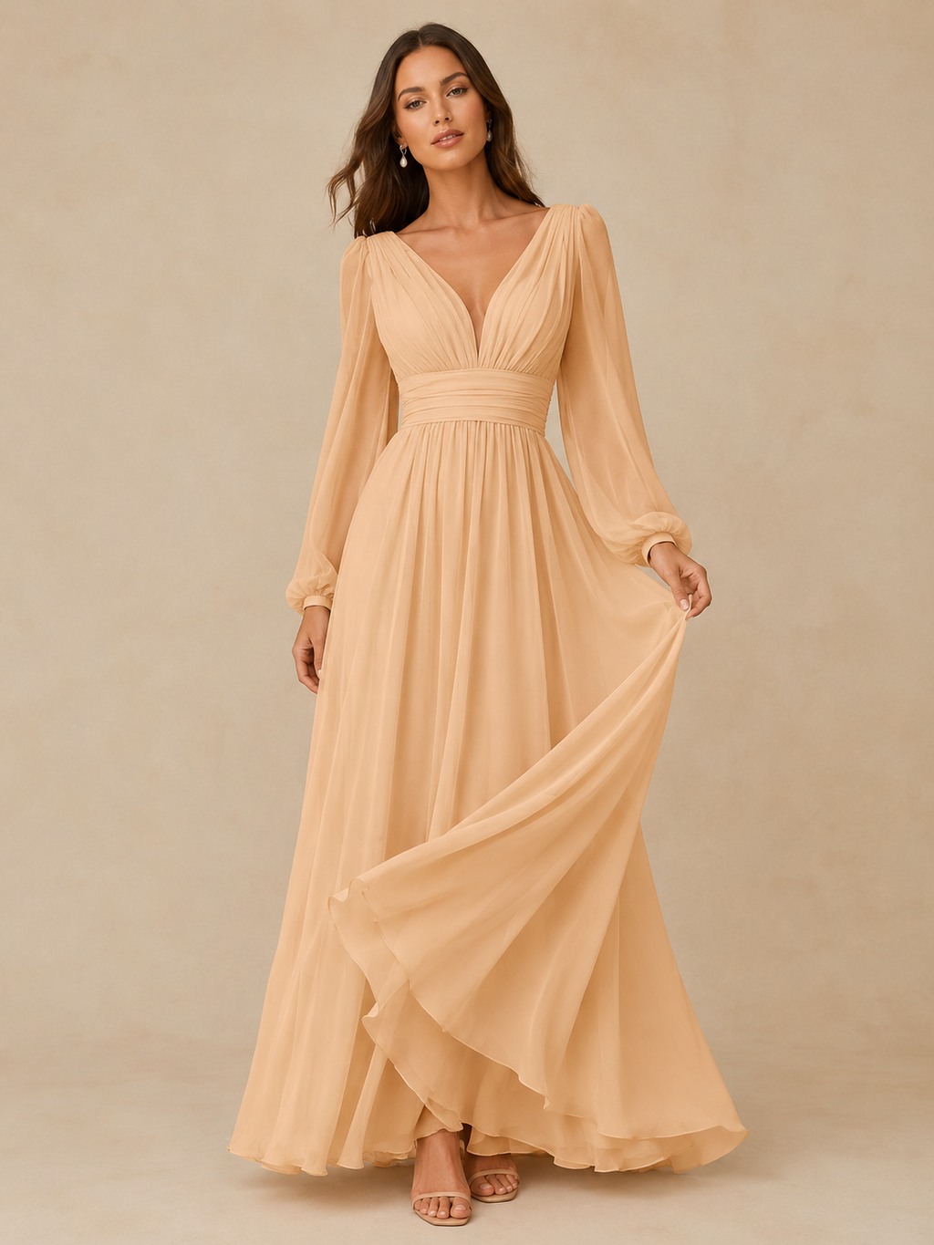 Women’s Navy Blue Elegant Chiffon V-Neck Long Sleeve Regular Floor-Length Wedding Guest Dress with Pleated Detail