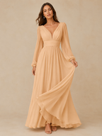 Women’s Navy Blue Elegant Chiffon V-Neck Long Sleeve Regular Floor-Length Wedding Guest Dress with Pleated Detail