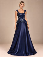 Women’s Navy Blue Elegant Sequin Sweetheart Neck Sleeveless Satin A-Line Maxi Dress with Peplum Waist Detail