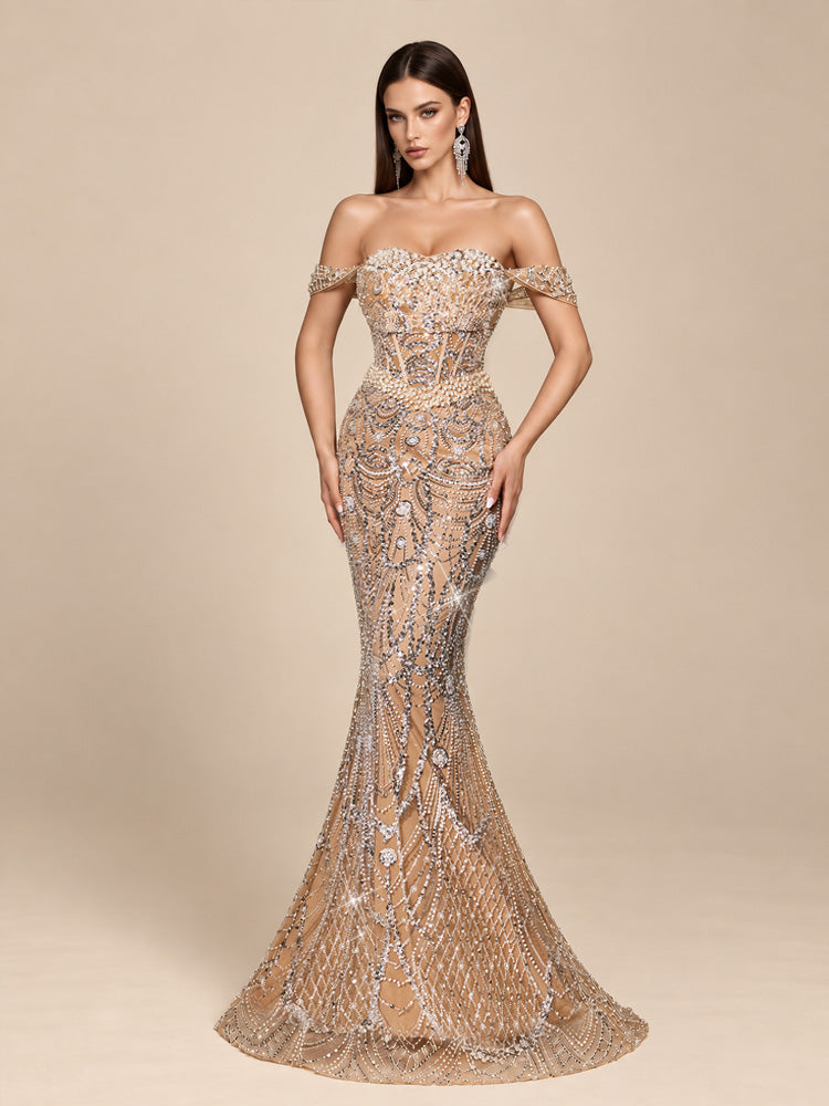 Women’s Champagne Elegant Sequin Mesh Off Shoulder Sleeveless Mermaid Maxi Dress with Crystal Bead Embroidery