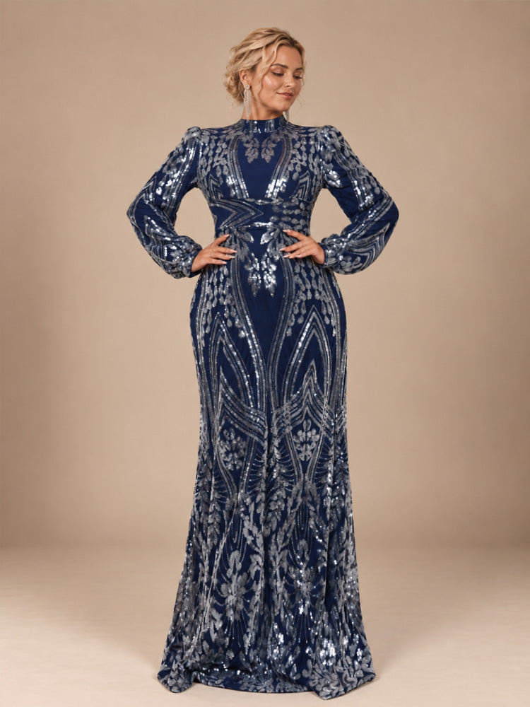 Women’s Navy Blue Elegant Sequin Mesh High Neck Long Sleeve Mermaid Maxi Dress with Puff Shoulders