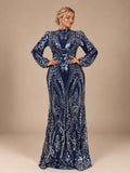 Women’s Navy Blue Elegant Sequin Mesh High Neck Long Sleeve Mermaid Maxi Dress with Puff Shoulders
