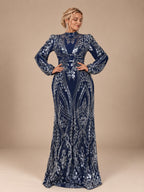Women’s Navy Blue Elegant Sequin Mesh High Neck Long Sleeve Mermaid Maxi Dress with Puff Shoulders