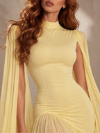 Women’s Butter Yellow Elegant Chiffon High Neck Sleeveless Maxi Dress with Cape Sleeves and Asymmetric Mermaid Hem