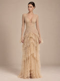 Women’s Champagne Elegant Floral Lace Deep V-Neck Long Sleeve A-Line Maxi Dress with Tiered Ruffle Detail