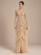 Women’s Champagne Elegant Floral Lace Deep V-Neck Long Sleeve A-Line Maxi Dress with Tiered Ruffle Detail