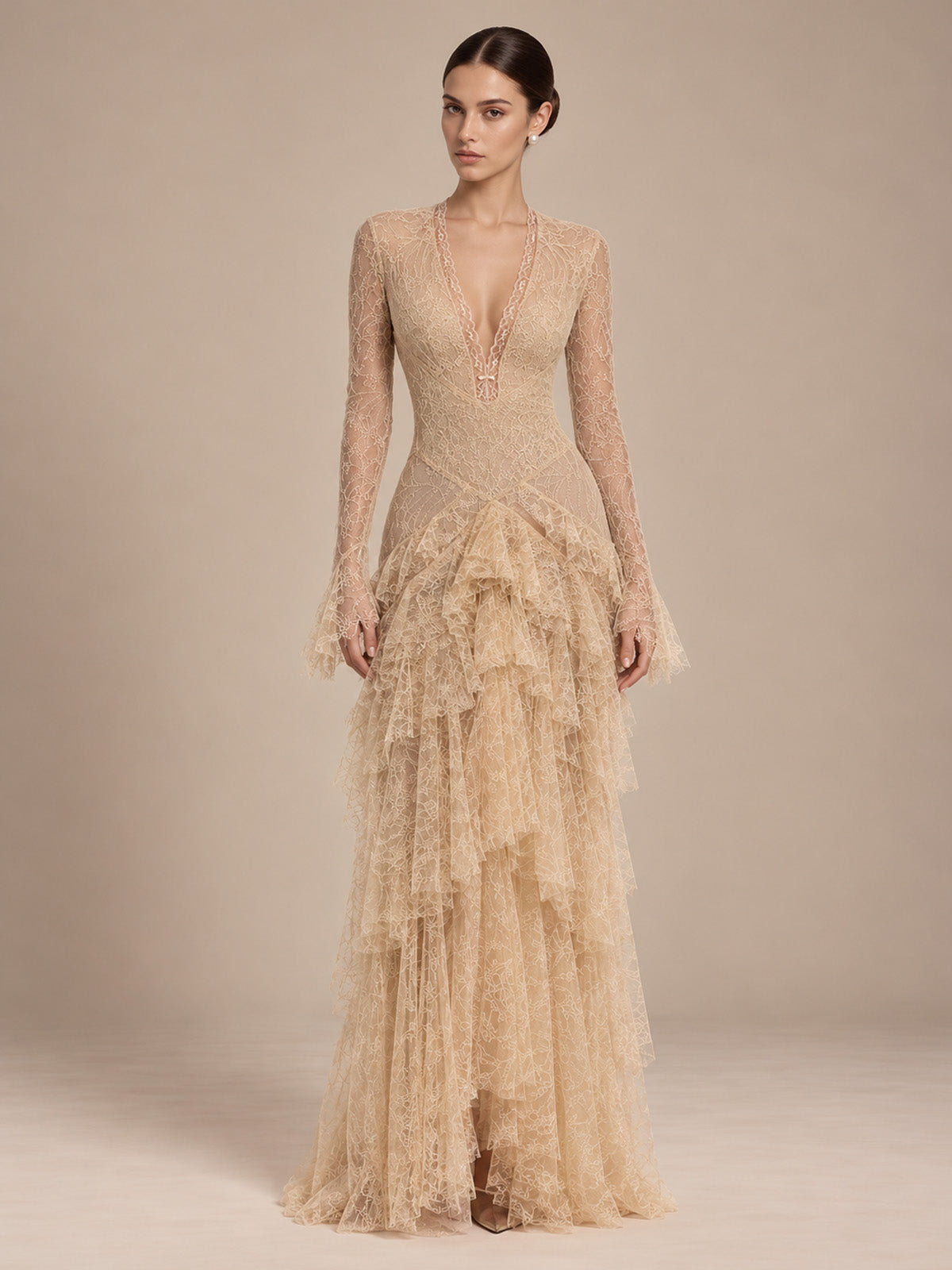 Women’s Champagne Elegant Floral Lace Deep V-Neck Long Sleeve A-Line Maxi Dress with Tiered Ruffle Detail