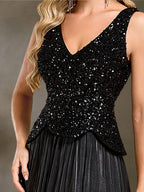 Women’s Black Glamorous Sequin V-Neck Sleeveless A-Line Maxi Dress with Sheer Pleated Skirt and High Slit
