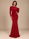 Women’s Burgundy Elegant Ruched Round Neck Long Sleeve Mermaid Maxi Dress with Draped Waist