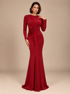 Women’s Burgundy Elegant Ruched Round Neck Long Sleeve Mermaid Maxi Dress with Draped Waist