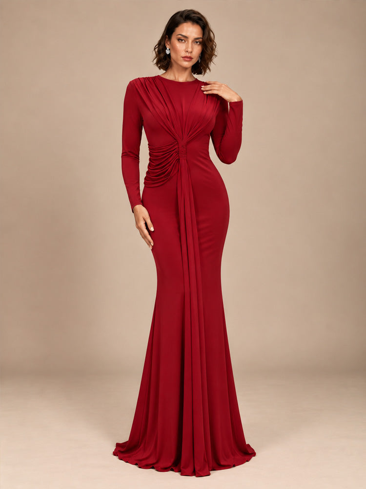 Women’s Burgundy Elegant Ruched Round Neck Long Sleeve Mermaid Maxi Dress with Draped Waist