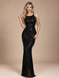 Women’s Black Glamorous Sequin Halter Neck Sleeveless Mermaid Maxi Dress with Fringe Detail