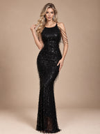 Women’s Black Glamorous Sequin Halter Neck Sleeveless Mermaid Maxi Dress with Fringe Detail