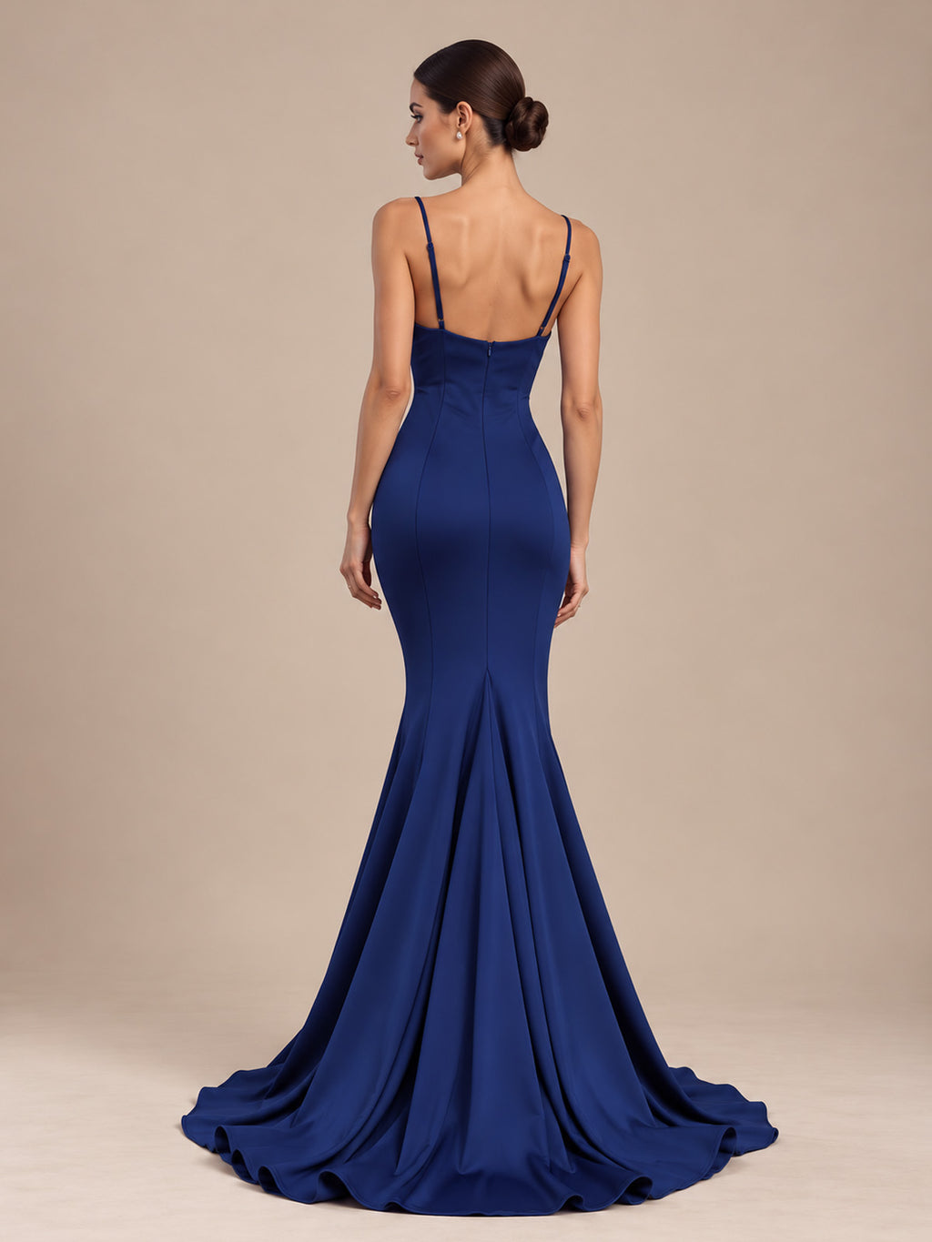 Women’s Royal Blue Elegant Satin Cowl Neck Spaghetti Strap Mermaid Maxi Dress with Fitted Waist and Flared Hem