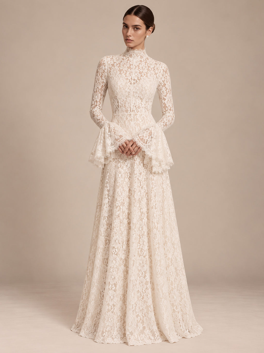 Women’s Ivory Elegant Floral Lace High Neck Long Bell Sleeve A-Line Maxi Dress with Ruffle Cuff Detail