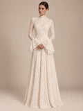 Women’s Ivory Elegant Floral Lace High Neck Long Bell Sleeve A-Line Maxi Dress with Ruffle Cuff Detail