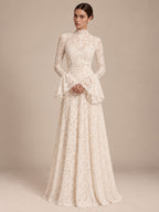 Women’s Ivory Elegant Floral Lace High Neck Long Bell Sleeve A-Line Maxi Dress with Ruffle Cuff Detail