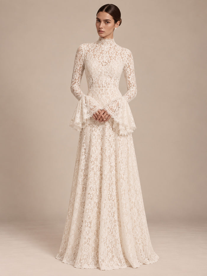 Women’s Ivory Elegant Floral Lace High Neck Long Bell Sleeve A-Line Maxi Dress with Ruffle Cuff Detail