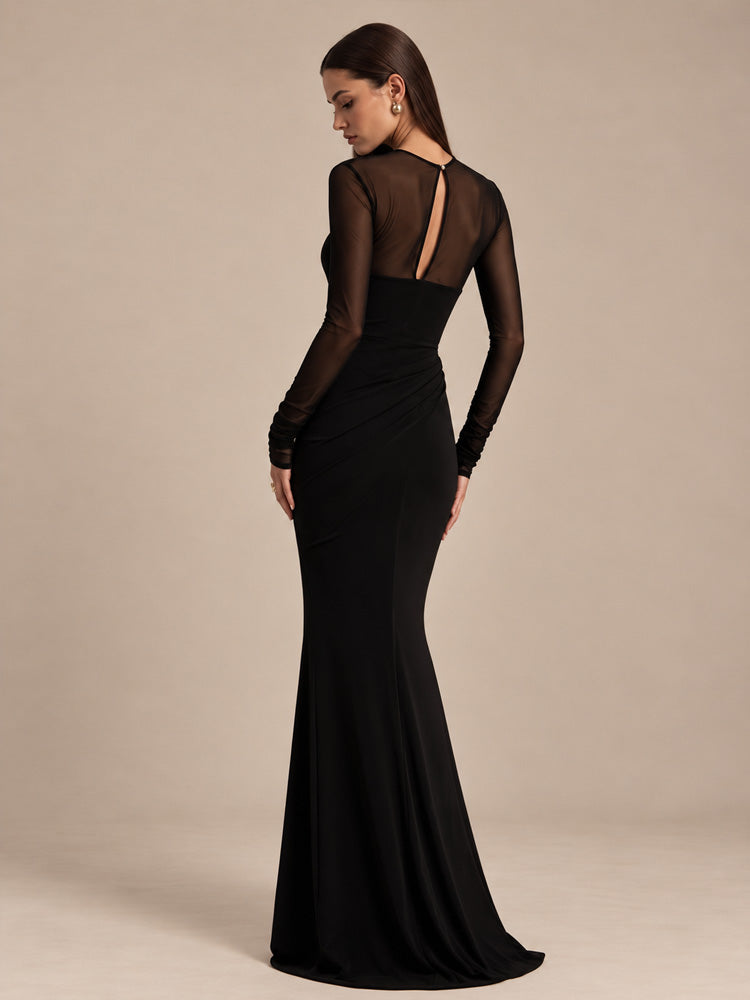 Women’s Black Elegant Mesh Asymmetric Neck Long Sleeve Mermaid Maxi Dress with Draped Waist