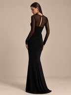 Women’s Black Elegant Mesh Asymmetric Neck Long Sleeve Mermaid Maxi Dress with Draped Waist