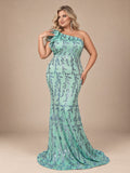 Women’s Mint Green Elegant Sequin Mesh One Shoulder Cap Sleeve Mermaid Maxi Dress with Ruffle Detail