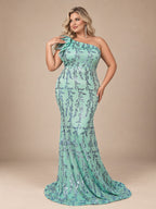 Women’s Mint Green Elegant Sequin Mesh One Shoulder Cap Sleeve Mermaid Maxi Dress with Ruffle Detail