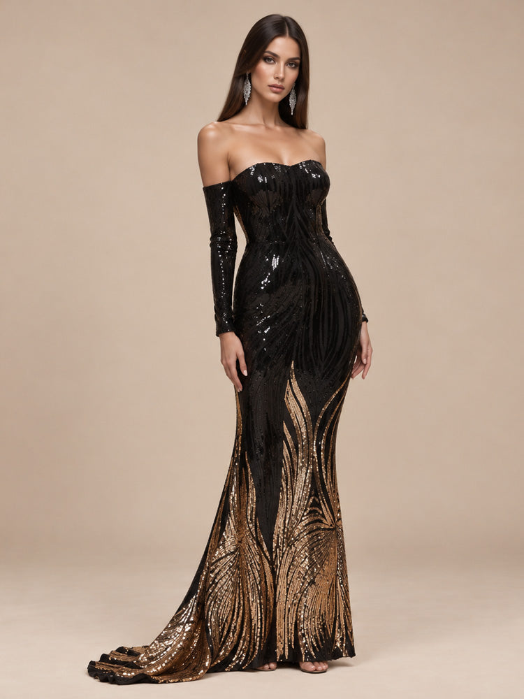 Women’s Black and Gold Elegant Sequin Off Shoulder Long Sleeve Mermaid Maxi Dress with Embroidered Pattern