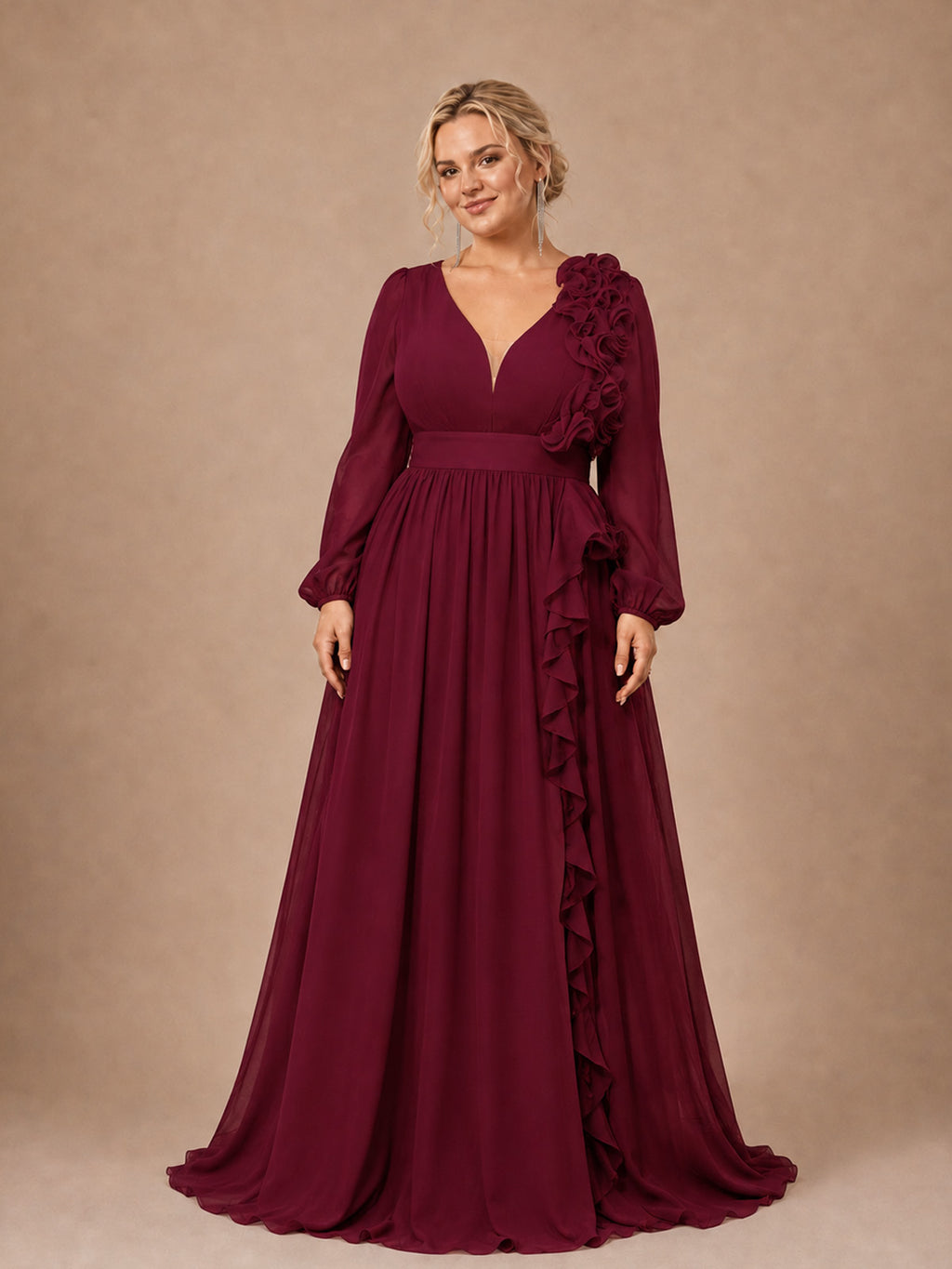 Women’s Burgundy Elegant Chiffon V-Neck Long Sleeve A-Line Maxi Dress with Ruffle Detail